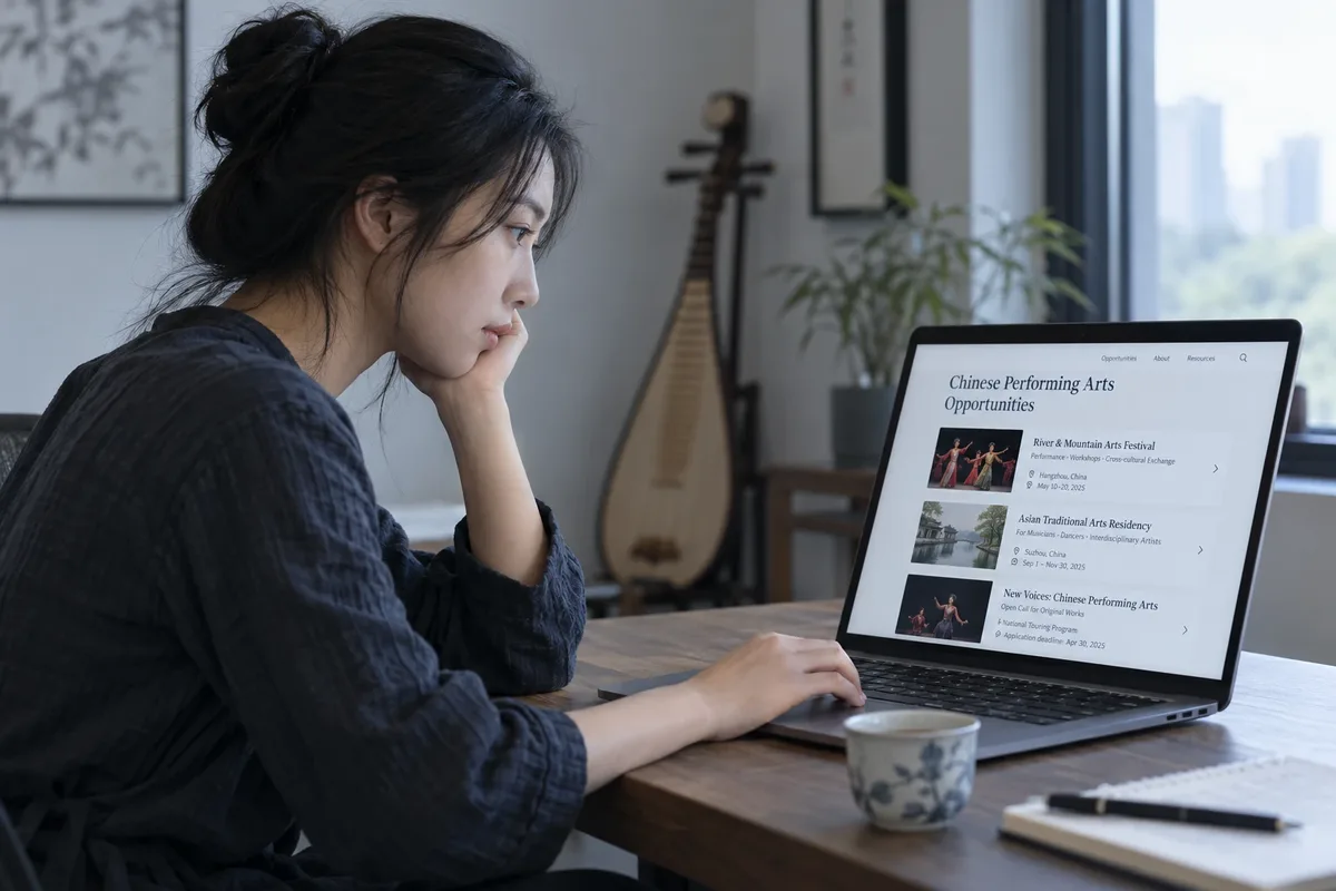 A musician at her desk looking through performing arts opportunities on a laptop, with a pipa in the background