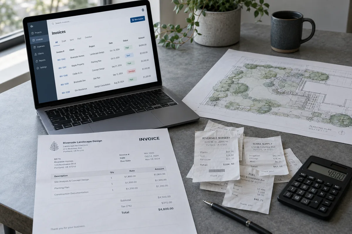A landscape architect's desk with a laptop showing invoices, a printed invoice, a planting plan and receipts